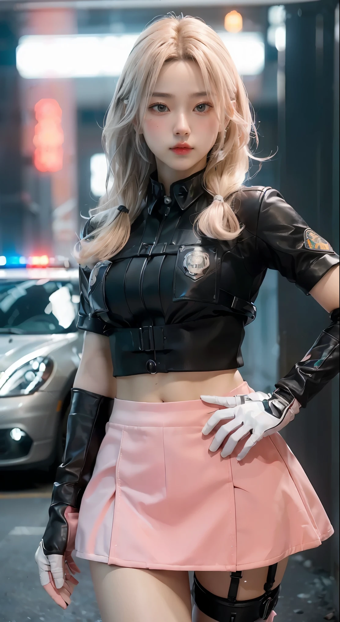 (Top Quality, Ultra High Definition, Photorealistic:1.4), (cowboy shot:1), 1 Beautiful Armed Girl, (Kpop Idol), Detailed Face, (Hair Style: long hair blonde:1, fullbang, shortbob-style:1), Contrapposto, Perfect Anatomy, ((wearing Futuristic Police Racing Suits, low-mini-skirt, police wappen, High-tech Headset, military harness, racing gloves, )), (Cloths colors based on silver pink black white), (background, crashed cars, fire, (Explosion)),