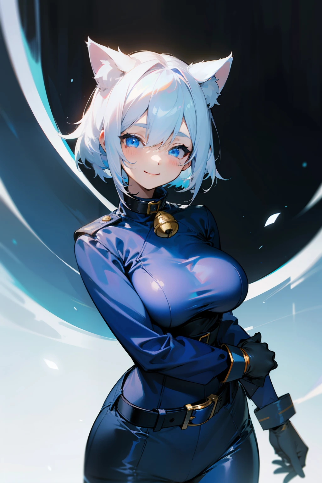 Cute girl, short white hair, cat ears, black mask covering the eyes, blue eyes, smile, blue collar, bell, tight blue clothes, white wool collar, blue gloves, long sleeves with white wool ends, big breasts, black belt