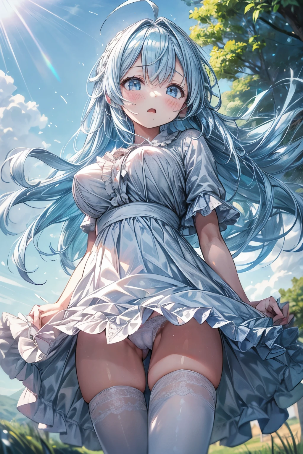 nsfw, in daytime countryside, (blowing hard wind), 1girl, from below, (light blue hair, long hair, ahoge), surprised face, blush, white skin, (frilled pure white casual dress), large , (pantie white lace pantie), rollirt,