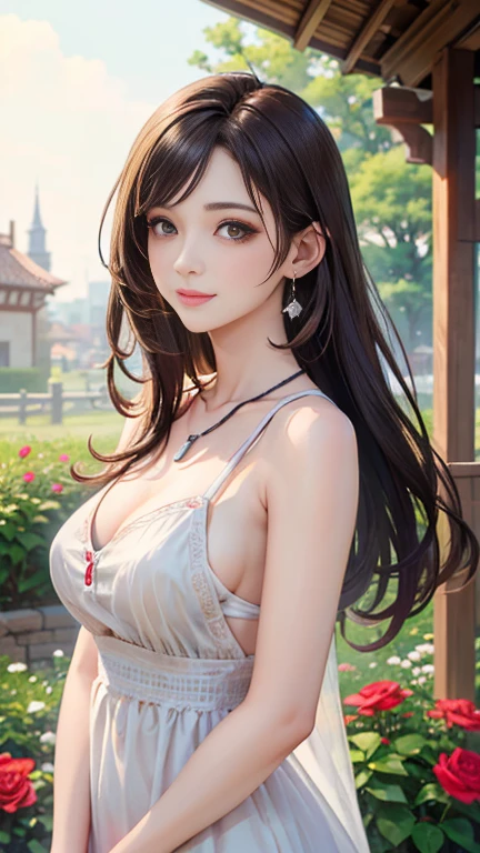 (Highest quality、 8k 、masterpiece、High resolution)、young woman、Large Breasts、Slender beauty、Brown hair medium、Hair blowing in the wind、Hair flying back、Full Body Shot、Uplifting、 (Beautiful Face,Beautiful eyes,Beautiful nose,Pretty lips)、A clean eyeliner、(Basic Fashion、Natural, relaxed style)、Earrings、necklace、Her mouth opens slightly and a smile appears.、looking at the camera、Professional Lighting、Professional photographer、Outdoor、garden、Multicolored rose flowers、Detailed CG、