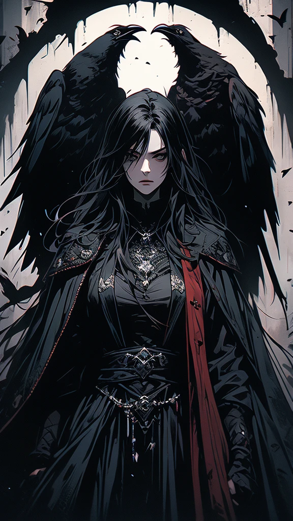 masterpiece,best quality,ultra-detailed,2girl,solo,crow,upper body,dark style,black hair,black clothes,standing,horror theme,