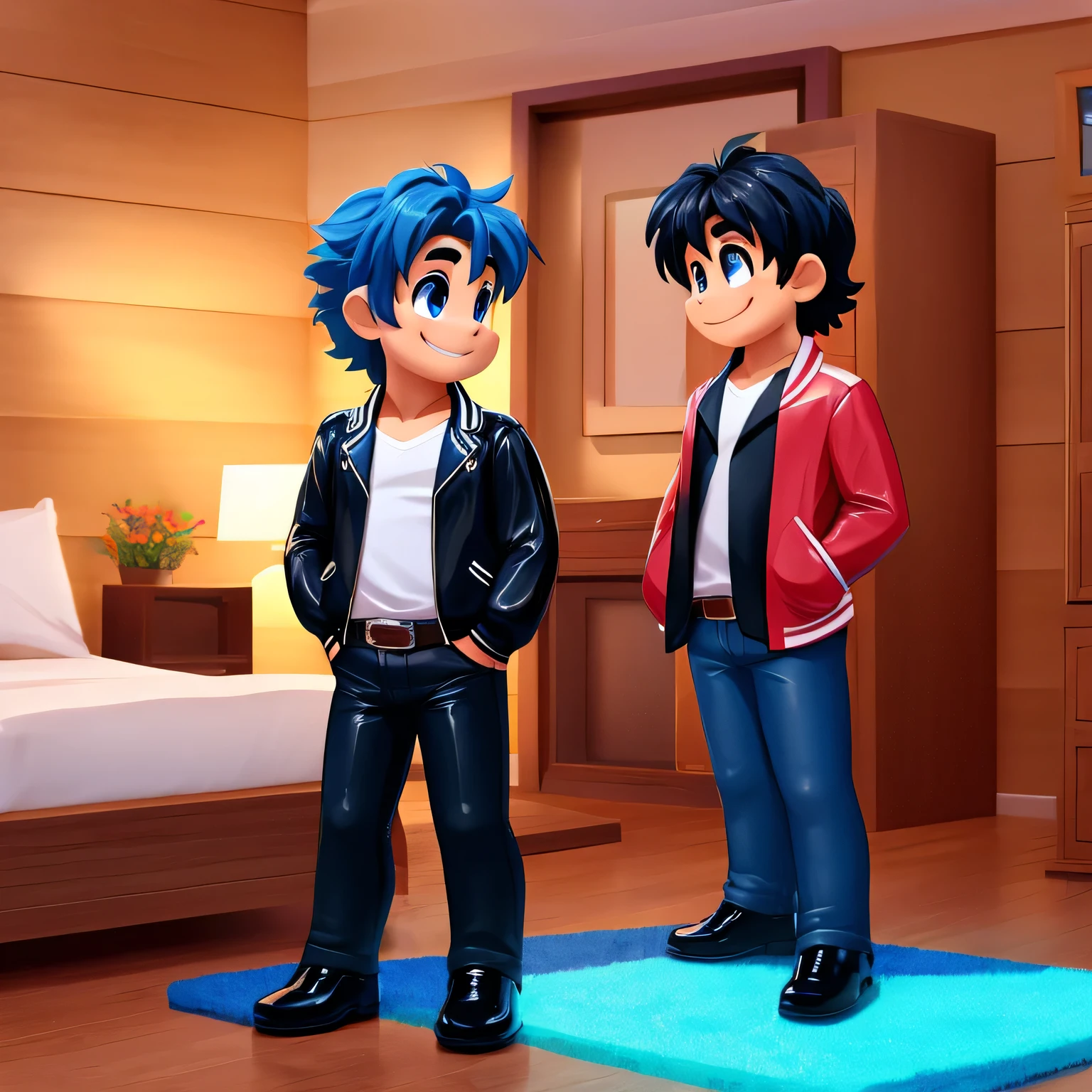 (high resolution,realist:1.2),beautiful,cute father with big penis and his teenage son standing in a bedroom,bright and colorful,soft lighting, sexy couple, nudes, handsome anime boy, ojos azules y beautifuls como diamantes, hair blue like the sea, his face carved by the angels themselves, a black leather jacket, a pair of cowboy pants, pure black leather shoes,  naked showing his penis, normal size, a beautiful and bright smile, no furry.