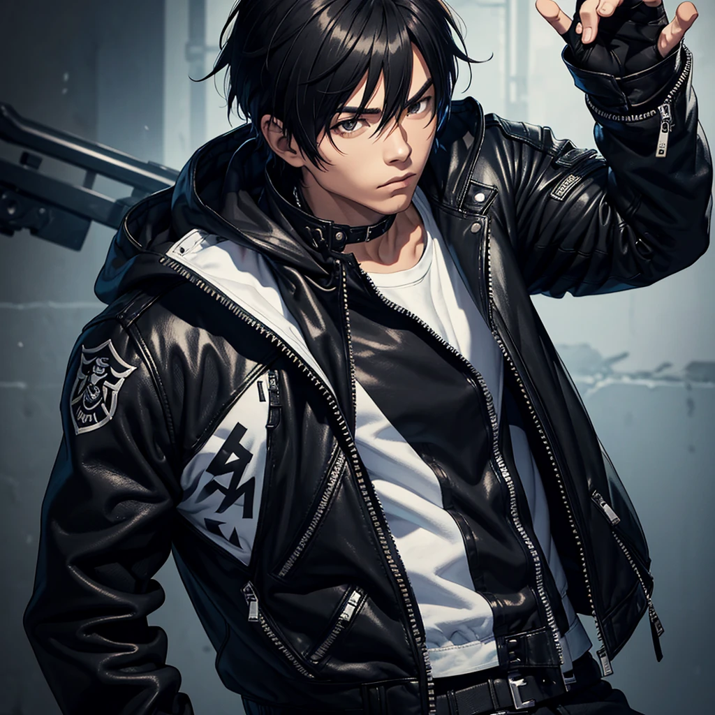 a male focus, kyo,the king of fighter jacket black leather hoodie, white zipper shirt, fighting black jean, black heavy bike look like betmen, fingerless gloves, shirt, boots, upper body masterpiece, best quality, absurdres solo 