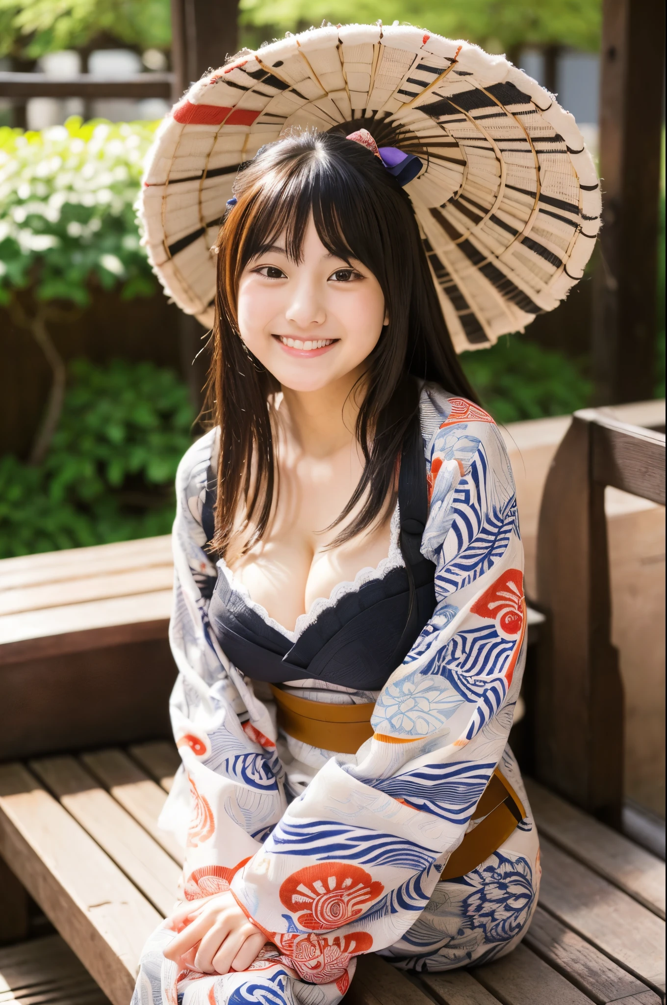 A very cute face like an idol、like々A 19-year-old woman with a cute face、Gentle and cute、A kind smile、(((Cute long-sleeved traditional Japanese yukata)))、(Japanese festivals)、((Full body portrait))、((Cleavage))、((Sitting on a wooden bench, her thighs are visible))、RAW Photos、Genuine、High resolution