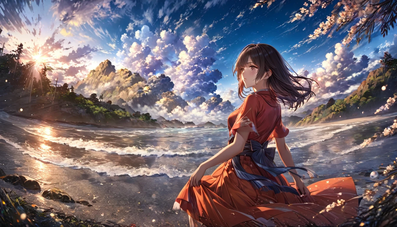 Masterpiece,(((One beautiful girl))),beautiful and moving,high quality(((Famous scenes from anime)))((A touching scene)),Gorgeous features。Hyper Details。High resolution。Anime Style。 HDR。 8k。The contrast between the fantastic scenery, the beautiful woman, and the bold color scheme and elements、It gives this piece an interesting story.。Painted Realism、Photorealistic、fantasy digital art、Rendering Information:32K resolution、Expressive details、