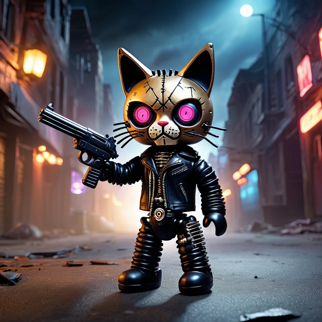 (knitted toy voodoo doll:1.9), (Voodoo Cat as Terminator:1.3), (Clothing: leather jacket and sunglasses with a robotic eye:1.0), (Accessories: enchanted shotgun emitting ghostly light, floating spectral skulls:1.2), (background: dark, haunted post-apocalyptic city with flickering lights and an atmosphere of eerie destruction:1.2), best quality, masterpiece, detailed soft oil painting, detailed background, dramatic cinematic lighting, soft edge lighting, professional, dramatic lighting, hard edge lighting, ultra quality, 4k,masterpiece, best quality, 8k, ultra highres, highres, extremely detailed