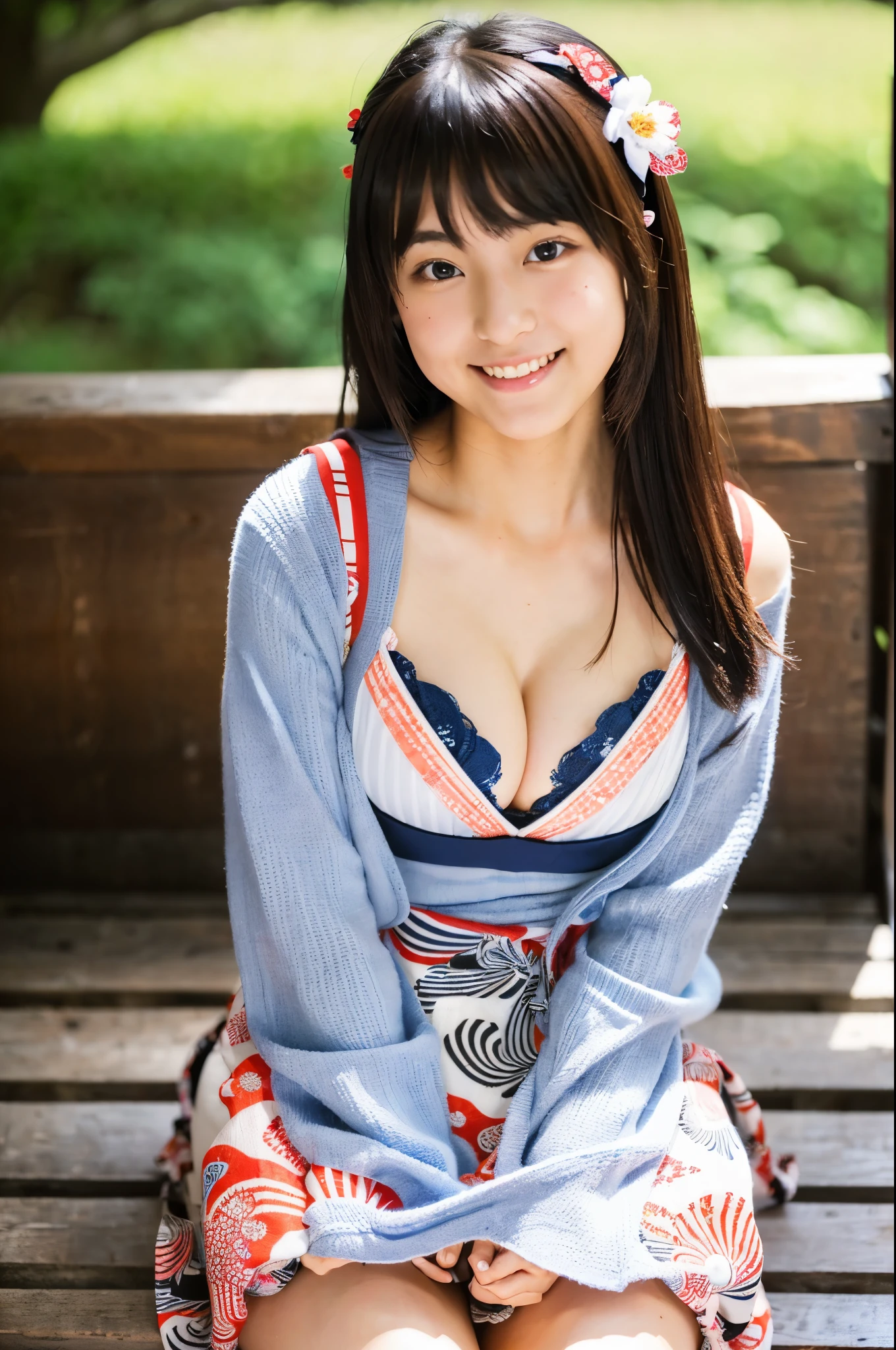 A very cute face like an idol、like々A 19-year-old woman with a cute face、Gentle and cute、A kind smile、(((Cute long-sleeved traditional Japanese yukata)))、(Japanese festivals)、((Full body portrait))、((You can see the cleavage only at the chest)、((Sitting on a wooden bench, her yukata is open, exposing her thighs.))、RAW Photos、Genuine、High resolution