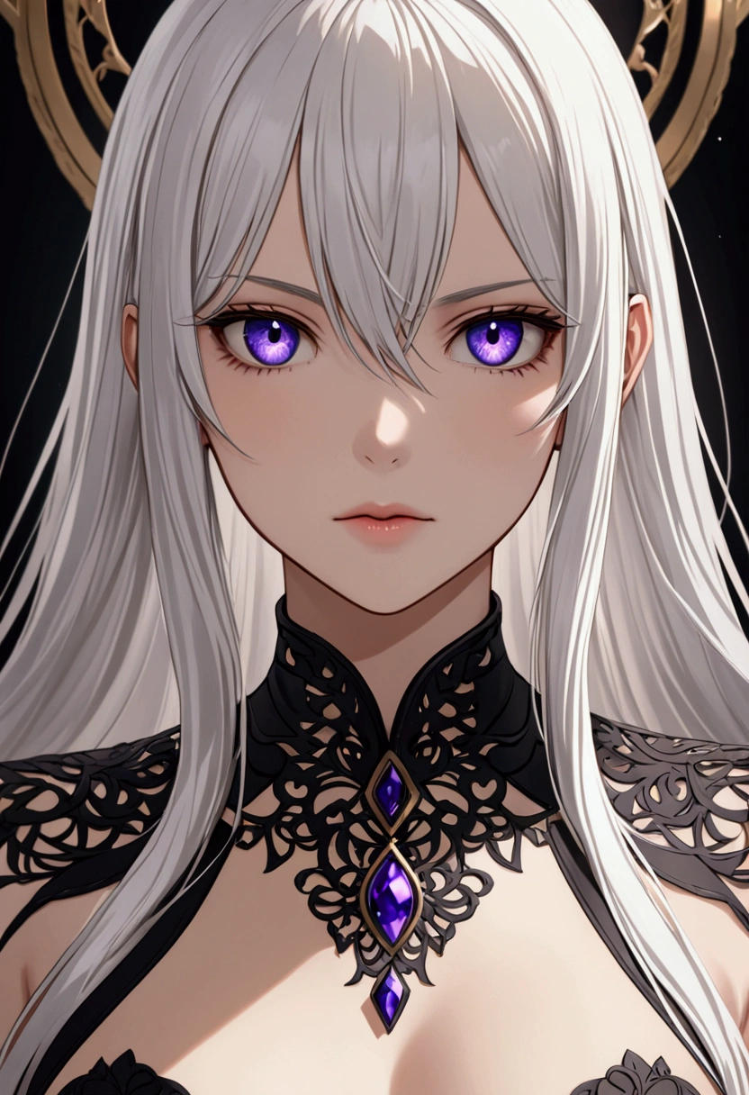 A girl with long smooth white hair ,determined void eyes,fair skin tone, average height,elegant underwear, detailed eyes, detailed body,long shot, 8k highres best quality. 