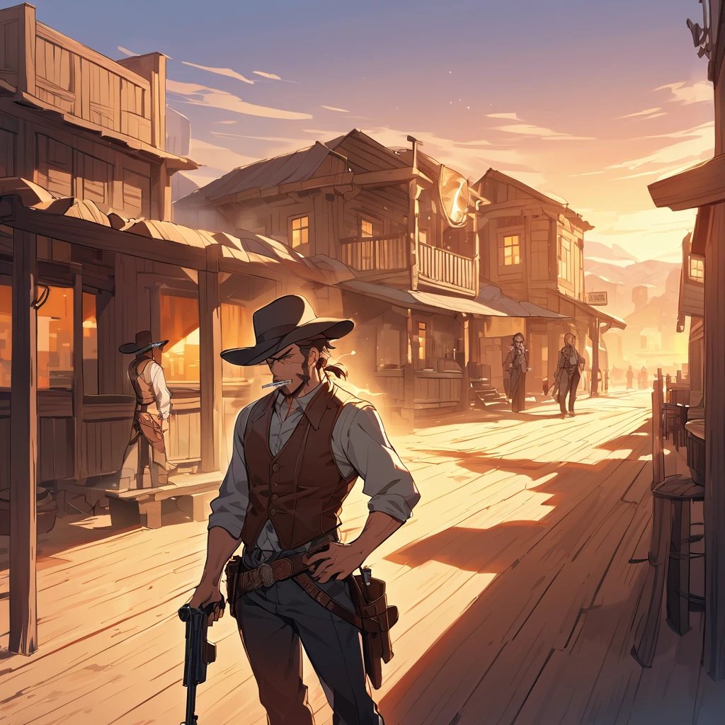"A rugged cowboy with a stern expression, wearing a classic wide-brimmed hat, a leather vest, and a holstered gun at his side. He is holding a lit cigarette in his mouth, with smoke curling up into the air. The background is a dusty, old western town with a saloon, a wooden sidewalk, and a horse tied to a post. The scene is set during sunset, casting long shadows and a warm, orange glow over everything."