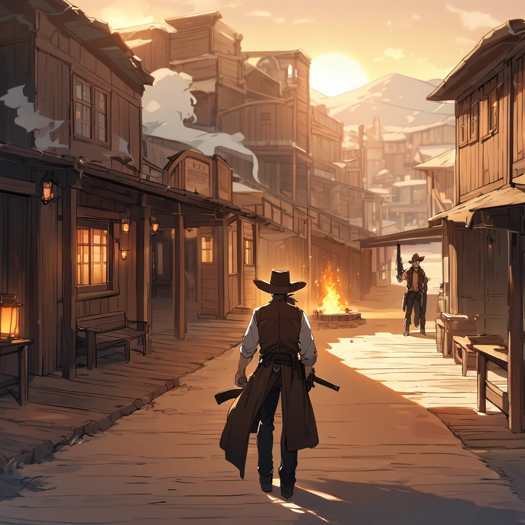 "A rugged cowboy with a stern expression, wearing a classic wide-brimmed hat, a leather vest, and a holstered gun at his side. He is holding a lit cigarette in his mouth, with smoke curling up into the air. The background is a dusty, old western town with a saloon, a wooden sidewalk, and a horse tied to a post. The scene is set during sunset, casting long shadows and a warm, orange glow over everything."