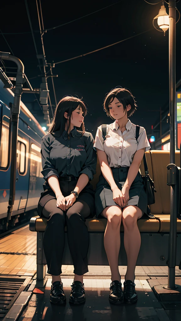 a couple sitting at a railway station, night scene, train approaching, couple wearing short clothes, girl has big hips detailed faces,
