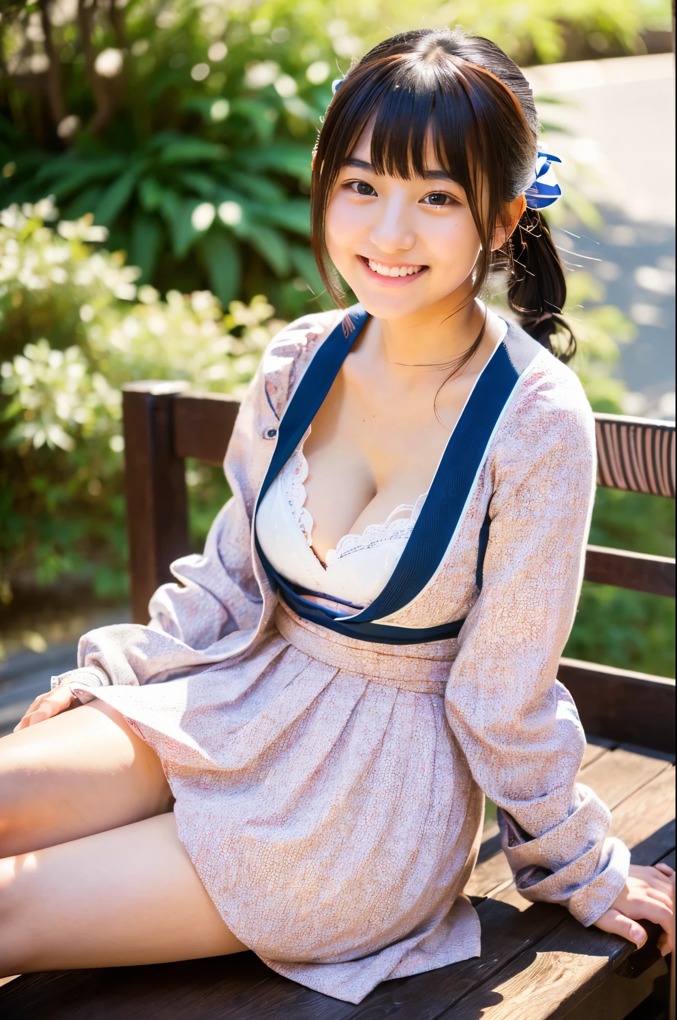 A very cute face like an idol、like々A 19-year-old woman with a cute face、Gentle and cute、A kind smile、(((Cute long-sleeved traditional Japanese yukata)))、(Japanese festivals)、((Full body portrait))、((You can see the cleavage only at the chest)、((Sitting on a wooden bench, her yukata is open, exposing her thighs.))、RAW Photos、Genuine、High resolution