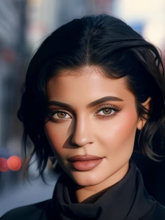 kylie1,1girl, solo, (realistic),(hyperrealism),(best quality),(masterpiece),(ultra high res),(photorealistic),(film grain),(upper body),eye makeup,detailed eyes,detailed face,black jacket, scarf, posing for a photo, outdoors, 