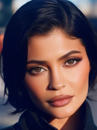kylie1,1girl, solo, (realistic),(hyperrealism),(best quality),(masterpiece),(ultra high res),(photorealistic),(film grain),(upper body),eye makeup,detailed eyes,detailed face,black jacket, scarf, posing for a photo, outdoors, 