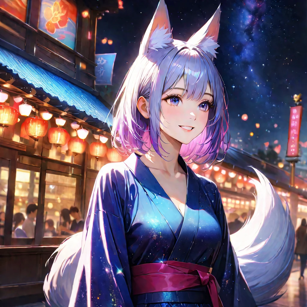 night, Starry Sky,Cute Yukata,Gazing at the sky,Fox ears and tail,high school girl,smile,Glitter effect,Highest quality, 8k, High resolution, masterpiece:1.2, Very detailed, Realistic:1.37, High resolution, 超High resolution, Ultra-fine painting, Very detailed, Professional, Vibrant colors