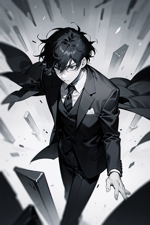male,suit,cool,Expressionless,Black Hair,tears,asterpiece,best quality,super detailed,super fine illustration,8k,anime style,break crematorium, detailed background,BREAK Monochrome