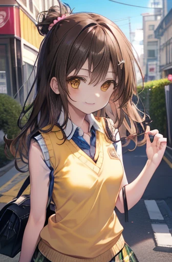 Follow Us, Food Yuki, (Brown eyes:1.7), Long black hair, hair ornaments, hair Scrunchie, Long Hair, pink Scrunchie, Scrunchie, Large Breasts,smile,blush,
break green skirt, Plaid, Plaid skirt, Sainan High , , skirt, shirt, white shirt, Sweater vest, (yellow Sweater vest:1.5),Black Pantyhose,Brown Loafers,
break looking at viewer, (Cowboy Shot:1. 5)
break outdoors, city,Building district,
break (masterpiece:1.2), Highest quality, High resolution, unity 8k wallpaper, (shape:0.8), (Fine and beautiful eyes:1.6), Highly detailed face, Perfect lighting, Highly detailed CG, (Perfect hands, Perfect Anatomy),