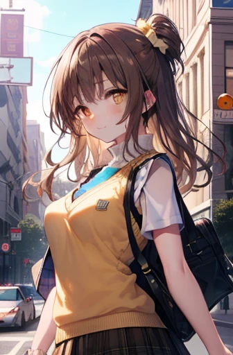 Follow Us, Food Yuki, (Brown eyes:1.7), Long black hair, hair ornaments, hair Scrunchie, Long Hair, pink Scrunchie, Scrunchie, Large Breasts,smile,blush,
break green skirt, Plaid, Plaid skirt, Sainan High , , skirt, shirt, white shirt, Sweater vest, (yellow Sweater vest:1.5),Black Pantyhose,Brown Loafers,
break looking at viewer, (Cowboy Shot:1. 5)
break outdoors, city,Building district,
break (masterpiece:1.2), Highest quality, High resolution, unity 8k wallpaper, (shape:0.8), (Fine and beautiful eyes:1.6), Highly detailed face, Perfect lighting, Highly detailed CG, (Perfect hands, Perfect Anatomy),