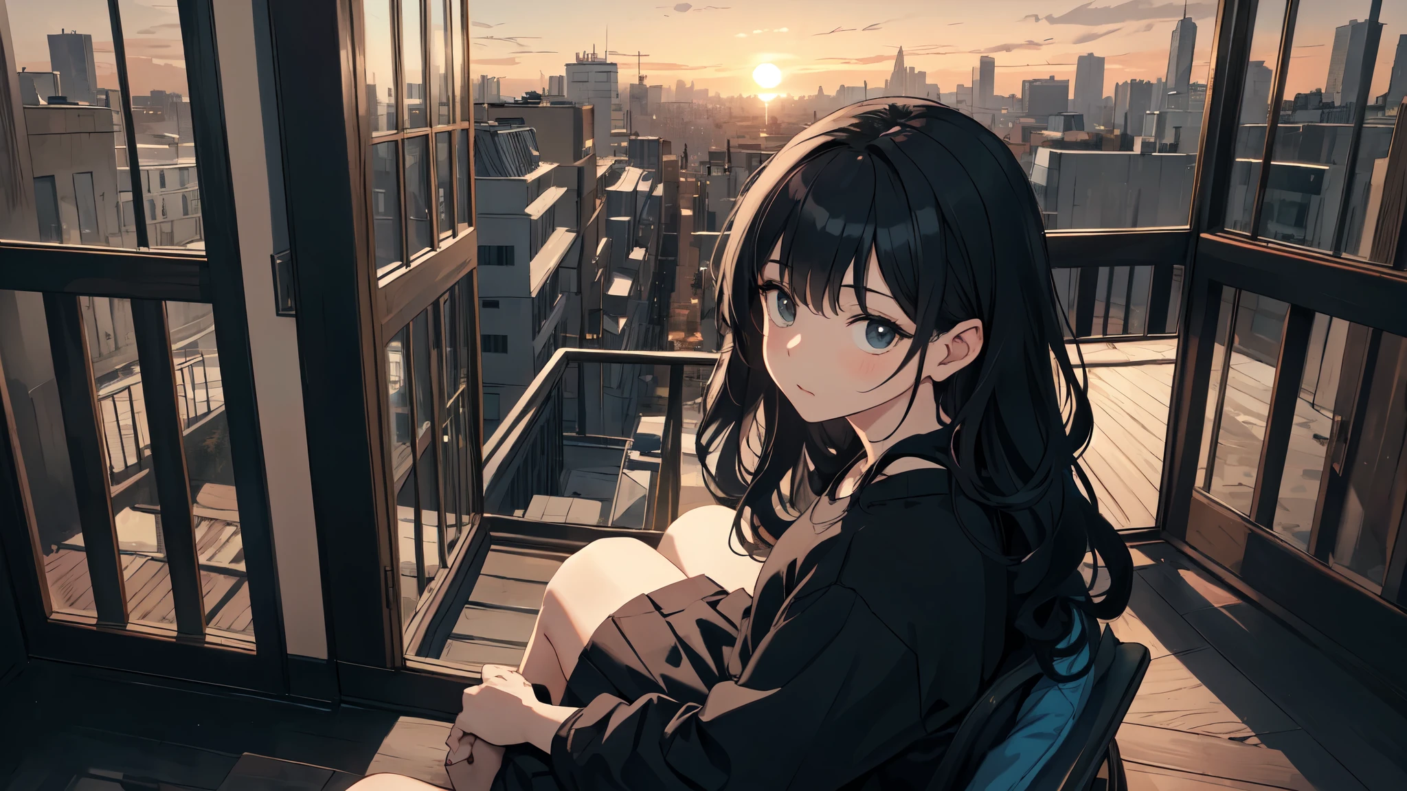 This painting is a masterpiece of art, At an unparalleled level of quality. It is an absurd piece, but、It is executed with meticulous attention to detail in the background.. The artist、Created a scene that invited the viewer to engage with the central character。.
The characters are depicted outdoors, Sitting in the city at dusk. Upper body exposed, Revealing vulnerability and intimacy. The figure's small breasts are delicately rendered., Skin glows、Gives an overall feeling of vitality。. Pale skin, Create contrast with the vibrant colors of the sunset.
Their hair is long and wavy, Frame the face in a natural way. Bangs add femininity, Black hair is shiny and healthy. This figure is barefoot, She is wearing a sweatshirt that contrasts with the skirt she is wearing..Adds a touch of mystery and charm.