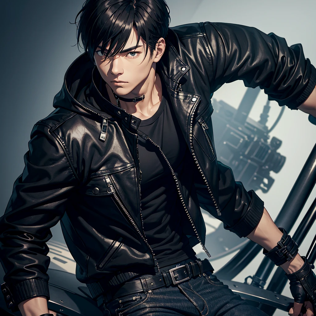 a male focus, kyo,the king of fighter jacket black leather hoodie, white zipper shirt, fighting black jean, black heavy bike look like betmen, fingerless gloves, shirt, boots, upper body masterpiece, best quality, absurdres solo