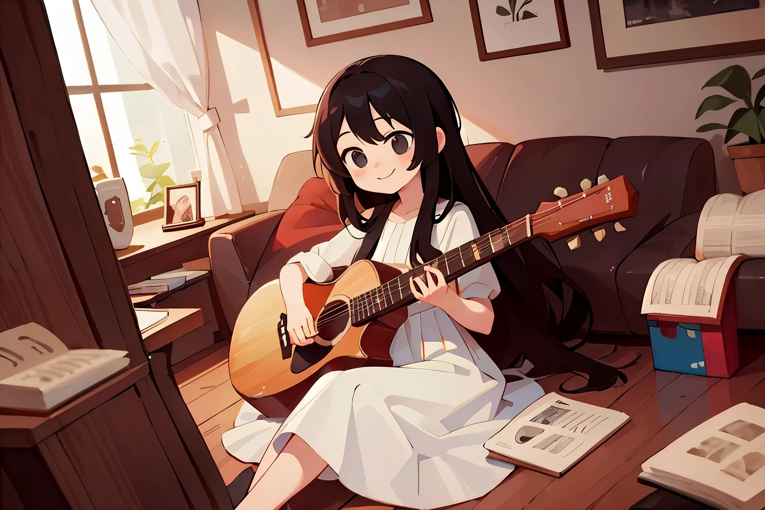 ((masterpiece))), Highest quality, Highest quality, Attention to detail、Girl、Long Black Hair、Gentle smile、White dress、Sitting、Playing guitar