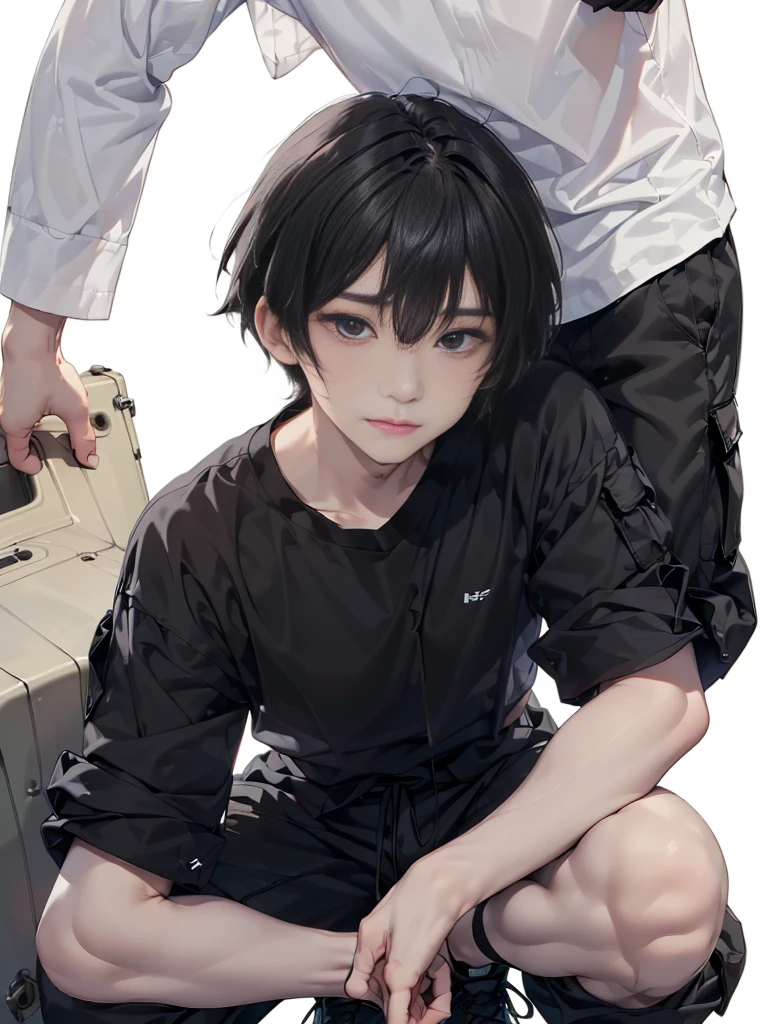 Masterpiece, best quality,独奏, one Japanese boy, 18 years old,(tall and thin,sleepy droopy eyes, long face, (thin cheeks:1.2),(black shaggy short hair,blank expression:1.5),(Black long T-shirt,Long sleeve,Olive cargo pants,Black sneakers,Full body portrait:1.5),(Plain background:1.3),(Close-up of serious expression:1.6)