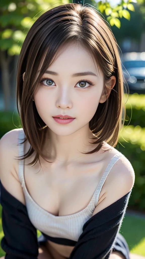 girl (masterpiece: 1.4), (8k, Genuine, RAW Photos, Highest quality: 1.4), Japanese, (1 girl), Beautiful Face, (Genuine Face: 1.4), (Caramel Hair, Long Hair: 1.3), Beautiful hairstyle, Genuineistic Eyes, Beautiful details in the eyes, (Genuine Skin: 1.3), Beautiful Skin, Charm, 超High resolution, Ultra Genuineistic, High resolution, Golden Ratio, (Detailed face: 1.4), (Anna Tanaka), skirt, Off-the-shoulder white knit and cotton underwear, Browsing Caution, Pause (Bend your knees and spread your legs), front