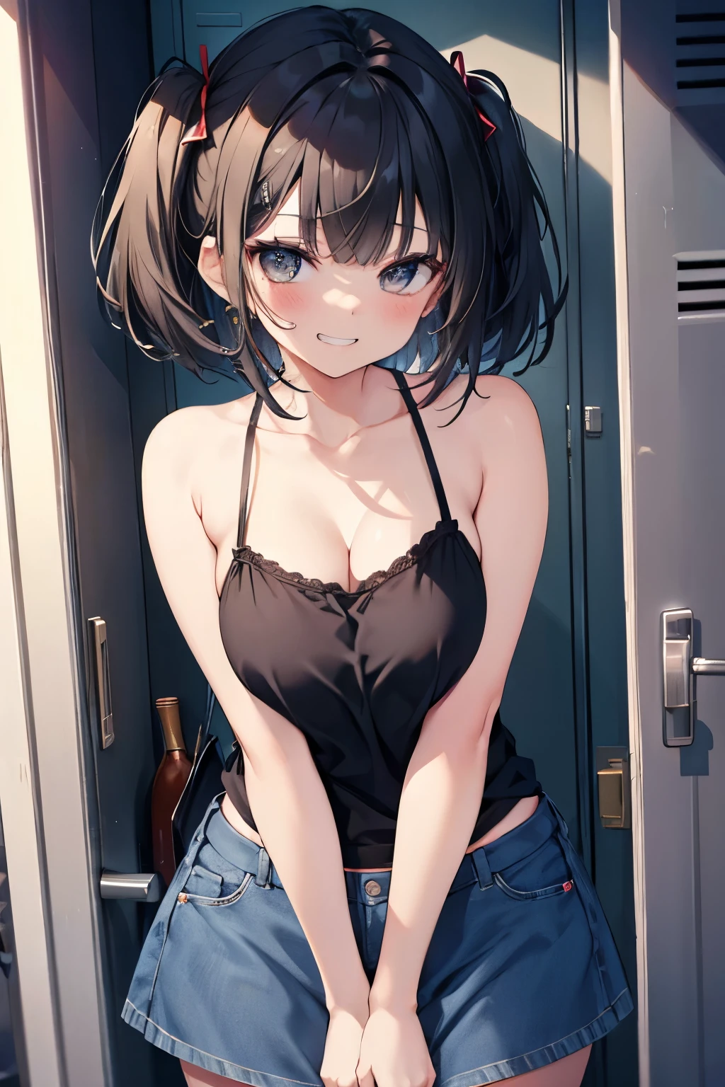 (8k、Highest quality、highest quality、masterpiece)、Detailed face、One girl、 Black Hair、short hair、twintails、blunt bangs、Grey Eyes、evil smile、((Grin))、Small breasts、((camisole))、((denim skirt))、Cowboy Shot、((bent over))、Back Alley Background、Very large breasts、Inside locker、Inside the locker、blush、Embarrassed、skirt Lift