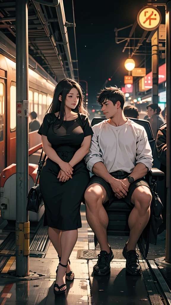 a couple sitting at a railway station, night scene, train approaching, couple wearing short clothes, girl has big hips detailed faces,