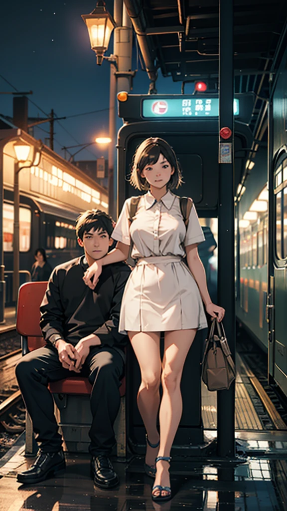 a couple sitting at a railway station, night scene, train approaching, couple wearing short clothes, girl has big hips detailed faces,