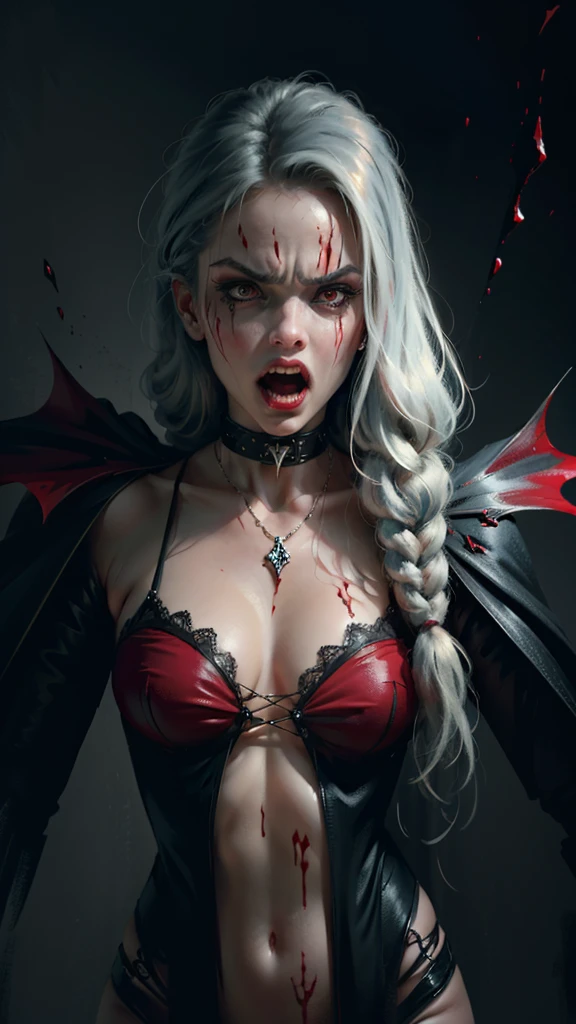 ((Best quality)), ((masterpiece)), (highly detailed:1.3),a vampire woman, goth open-mouthed trapped, angry blood-stained body