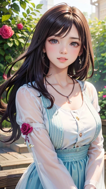 (Highest quality、 8k 、masterpiece、High resolution)、young woman、Large Breasts、Slender beauty、Brown hair medium、Hair blowing in the wind、Hair flying back、Full Body Shot、Uplifting、 (Beautiful Face,Beautiful eyes,Beautiful nose,Pretty lips)、A clean eyeliner、(Basic Fashion、Natural, relaxed style)、Earrings、necklace、Her mouth opens slightly and a smile appears.、looking at the camera、Professional Lighting、Professional photographer、Outdoor、garden、Multicolored rose flowers、Detailed CG、