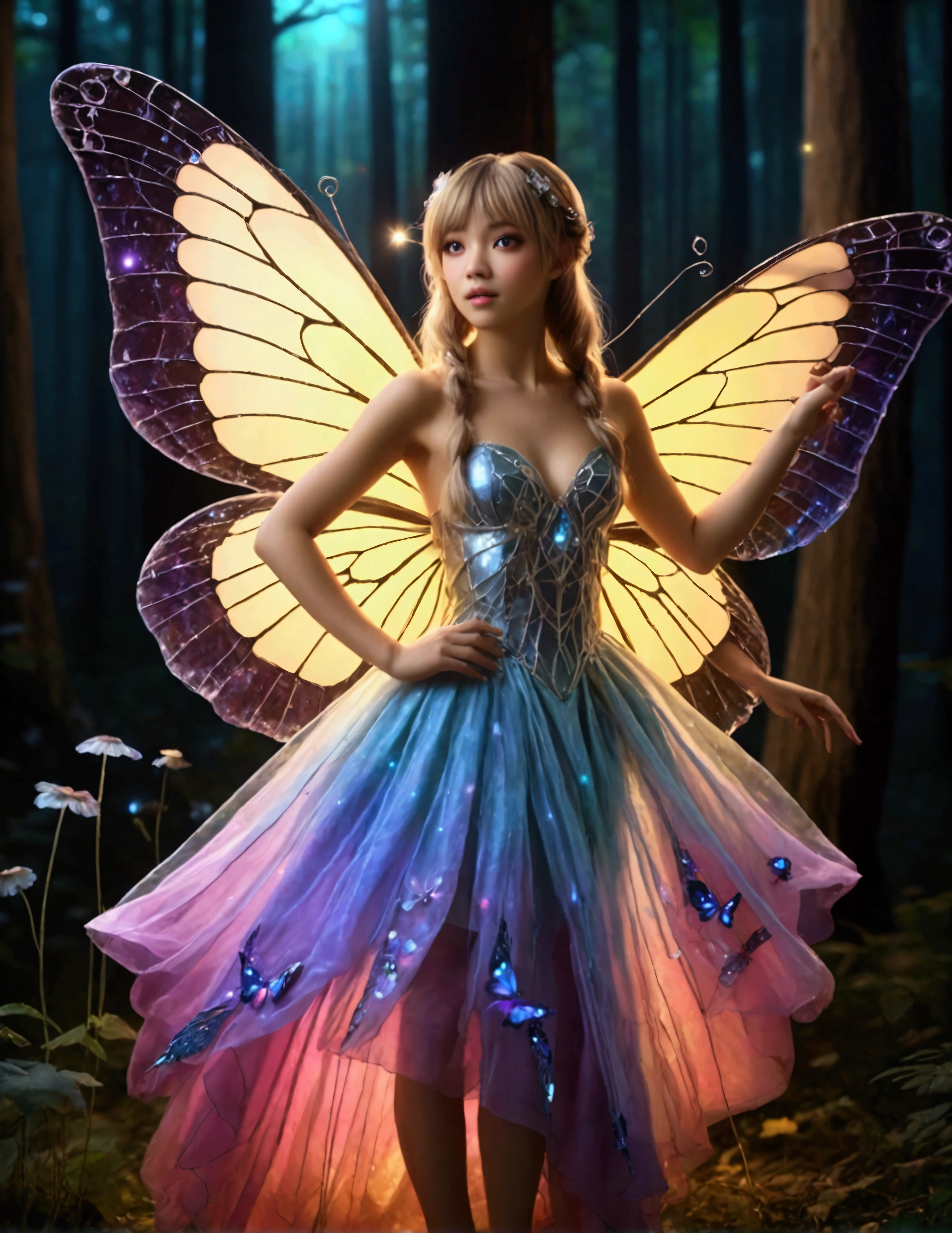 (Lalisa Manobal, age 25) cute fairy, crystalline butterfly wings, prismatic hair, large eyes, spider silk gown, dancing in a ring of toadstool, ethereal lighting, woods at night, (best quality,4k,8k,highres,masterpiece:1.2),ultra-detailed,(realistic,photorealistic,photo-realistic:1.37),fantasy,magical,whimsical,vibrant colors,dramatic lighting