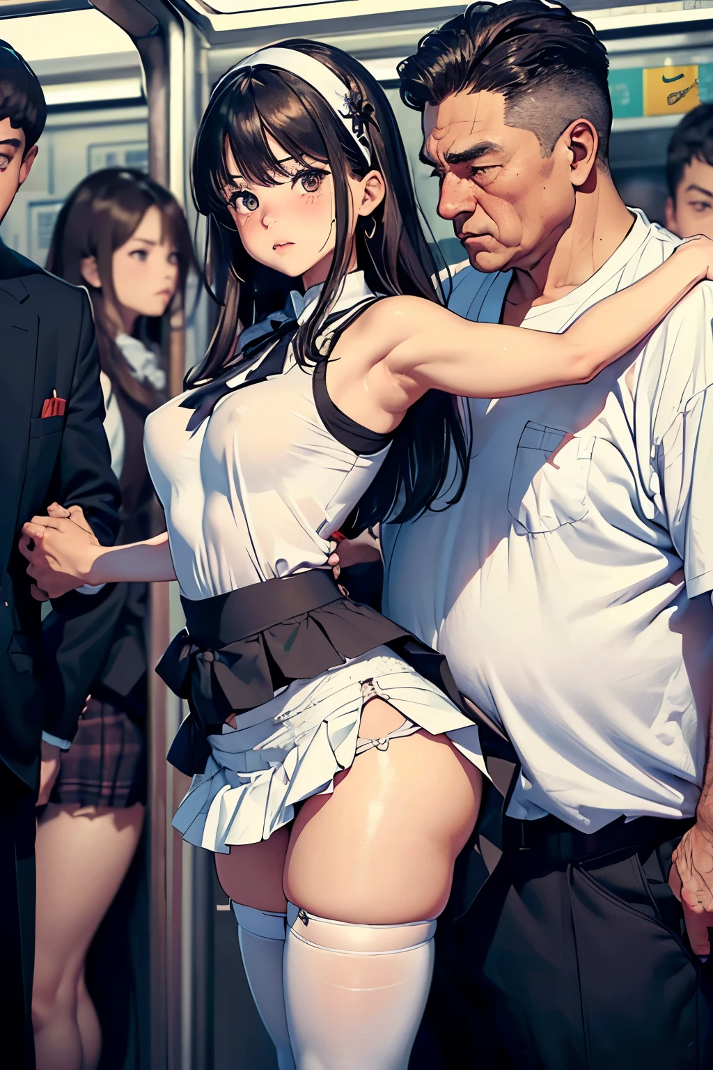 crowded train, (1girl as yukino yukinoshita:1.5), fat bald man hugging her from the front talking with mouth and lifting her legs, black sexy lingerie,, pubic hair visible, 40k, photo, masterpiece, best quality, dark grey background, (with one girl's immediately open legs with very small breasts, an elderly man leans on her from the front and picks her up and does different poses, Blushing, troubled eyebrows, rough breath, clenched teeth, burning face, heart pupils, sweaty, full body wet, black hair, long hair, knee bending, reluctance, watery eyes, (small breasts:1.1), soaked, small, slender, white shirt, tie, pants visible through short pleated skirt, slouch, slender, (short pleated skirt:1.5), slouching, hands on chest, crotch open, lewd, kissing, hugging, tongue sucking, legs tangled around hips, cowboy shot, touching very small breasts, hands on the crotch, breastapart, (ahegao, rolling eyes:1.5)