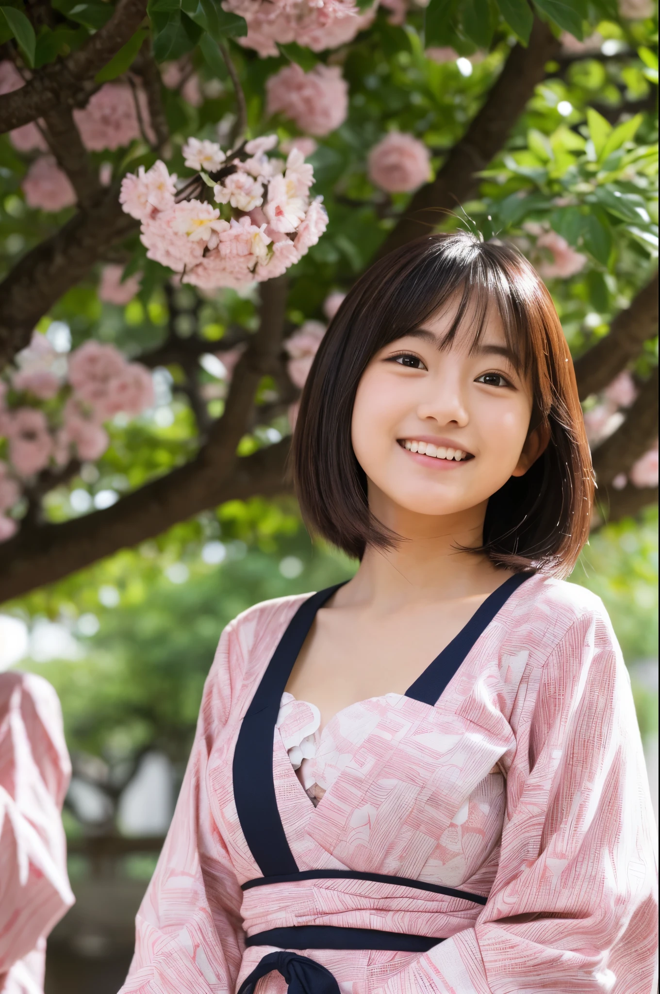 A very cute face like an idol、like々A 19-year-old woman with a cute face、Gentle and cute、A kind smile、(((Cute long-sleeved pink traditional Japanese yukata)))、(Japanese festivals)、((Full body portrait))、((You can see the cleavage only at the chest)、((I flipped up the hem of my yukata to reveal my thighs.))、RAW Photos、Genuine、High resolution