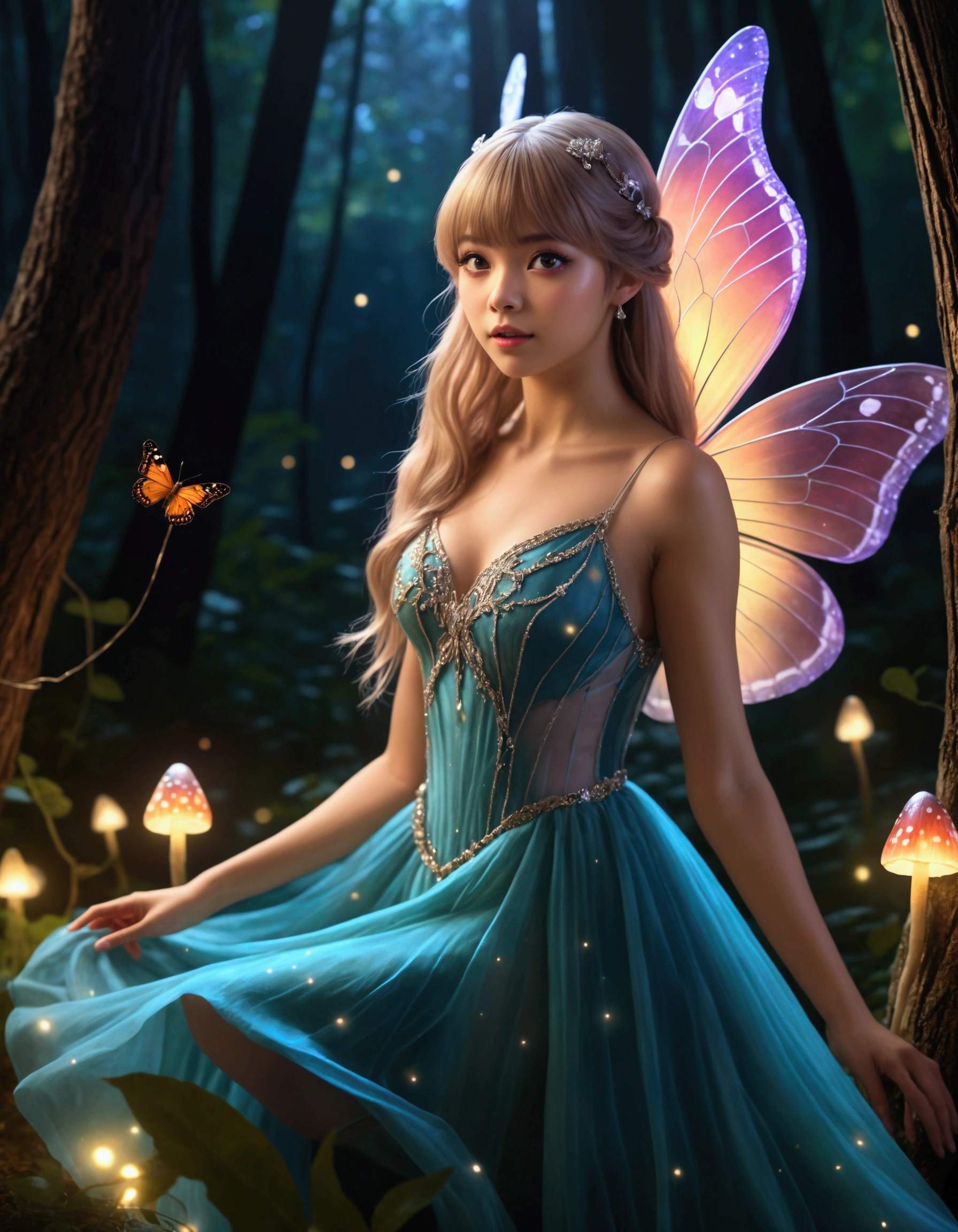 (Lalisa Manobal, age 25) cute fairy, crystalline butterfly wings, prismatic hair, large eyes, spider silk gown, dancing in a ring of toadstool, ethereal lighting, woods at night, (best quality,4k,8k,highres,masterpiece:1.2),ultra-detailed,(realistic,photorealistic,photo-realistic:1.37),fantasy,magical,whimsical,vibrant colors,dramatic lighting