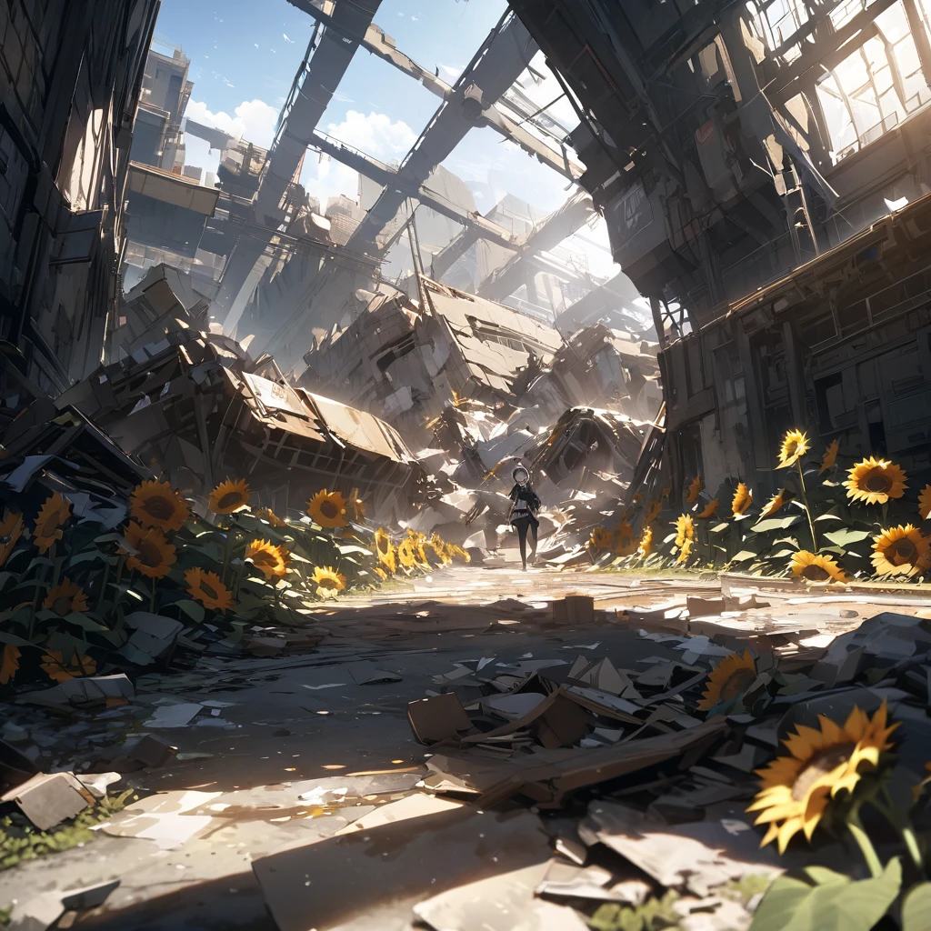Top quality, masterpiece, high resolution, supply factory, sunlight, sunflowers, 空を飛ぶ runaway drone, collapsed rubble