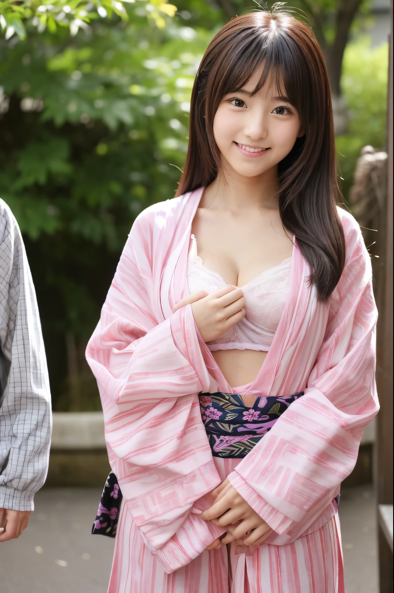 Very cute face like a 16-year-old idol、like々A 20-year-old woman with a cute face、Gentle and cute、A kind smile、(((Cute long-sleeved pink traditional Japanese yukata)))、(Japanese festivals)、(((Full body portrait)))、((You can see the cleavage only at the chest))、((I flipped up the hem of my yukata to reveal my thighs.))、RAW Photos、Genuine、High resolution