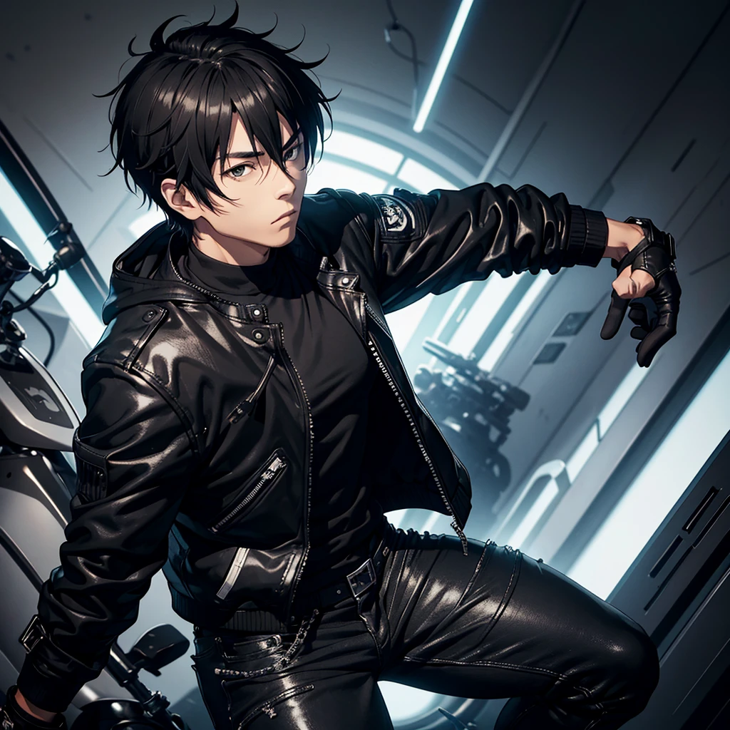 a male focus, kyo,the king of fighter jacket black leather hoodie, white zipper shirt, fighting black jean, black heavy bike look like betmen, fingerless gloves, shirt, boots, upper body masterpiece, best quality, absurdres solo 