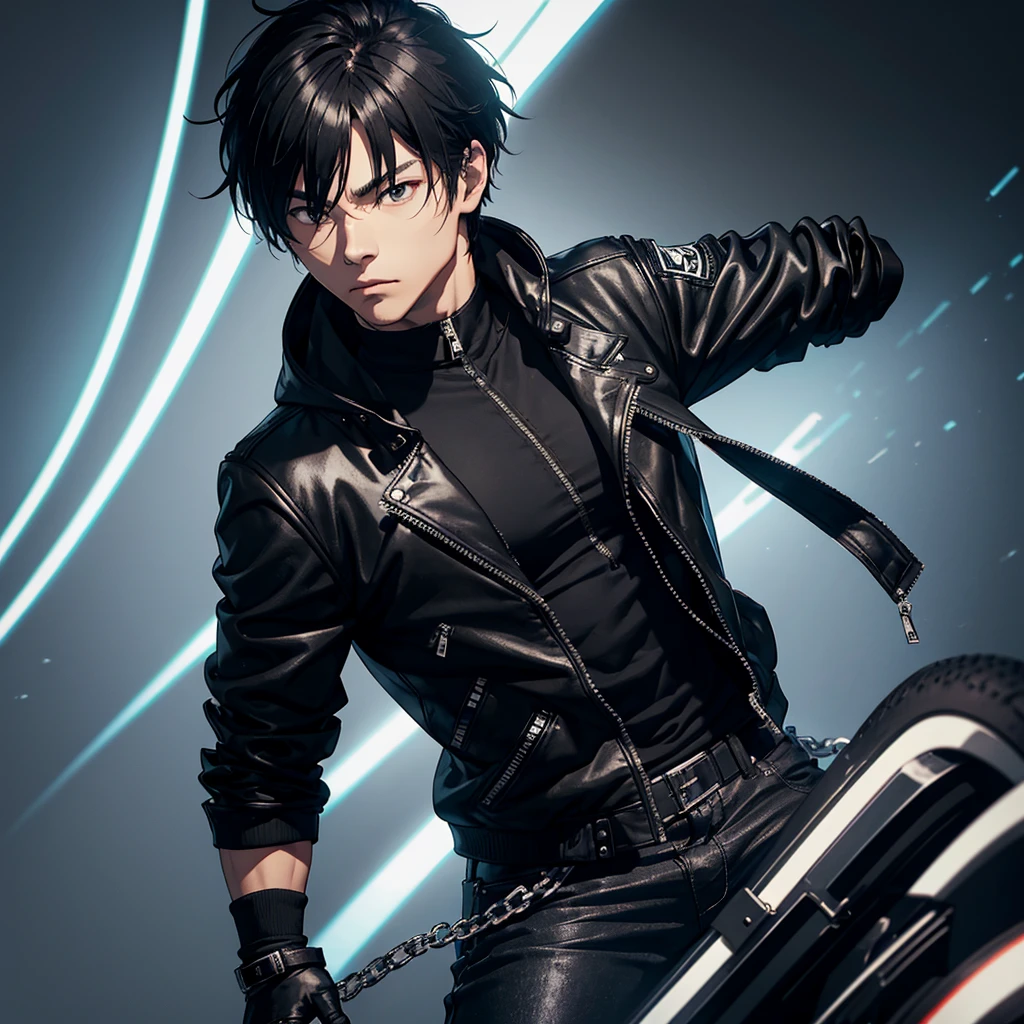 a male focus, kyo,the king of fighter jacket black leather hoodie, white zipper shirt, fighting black jean, black heavy bike look like betmen, fingerless gloves, shirt, boots, upper body masterpiece, best quality, absurdres solo