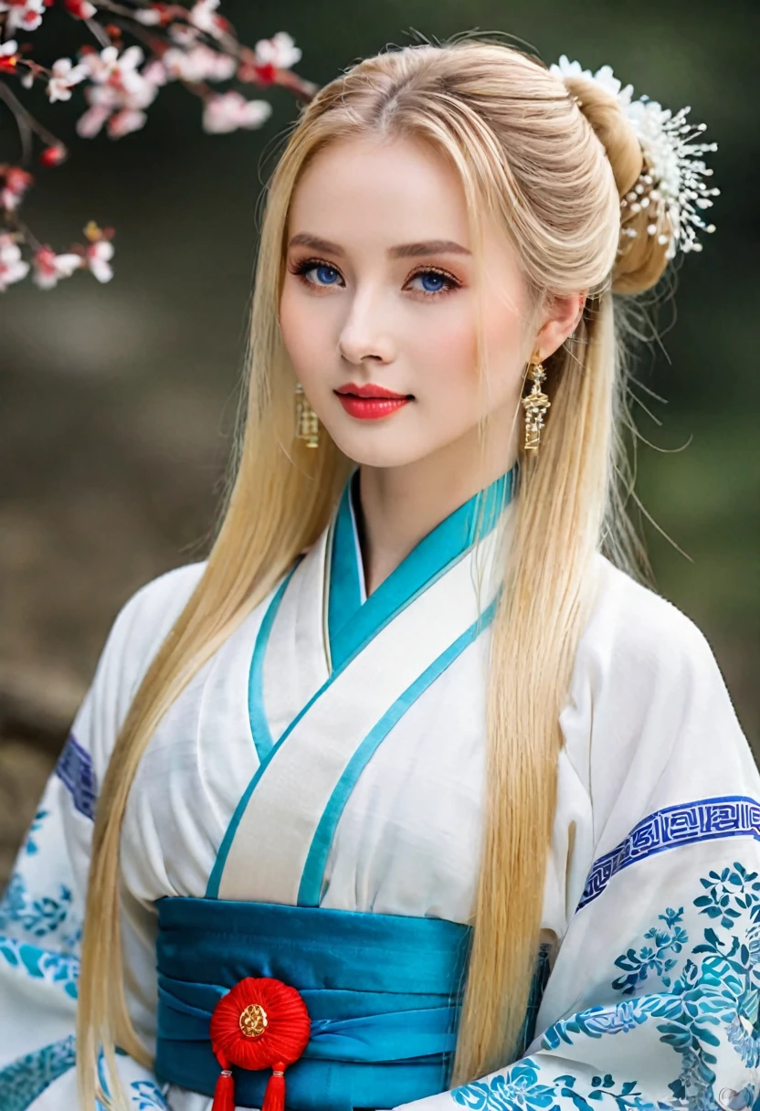 (masterpiece), High resolution hanfu woman, European and American face, Perfect Face, Long blonde hair, blue eyes, So adorable.