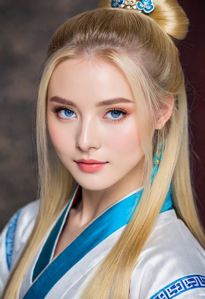 (masterpiece), High resolution hanfu woman, European and American face, Perfect Face, Long blonde hair, blue eyes, So adorable.