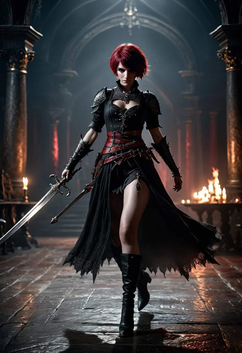 photo shot on Nikon D850, Bloodborne ~ Dark Souls 3 ~ Elden Ring ~ ultra detailed gorgeous woman with short black-red colored hair, extremely y, dancing with a sword, in a world of black and red, dark gloomy antique atmosphere, cinematic, blushing, teasing, Alluring. highly stylized. depth of field, bokeh effect, backlit, stylish, elegant, breathtaking, visually rich, masterpiece, full body shot.