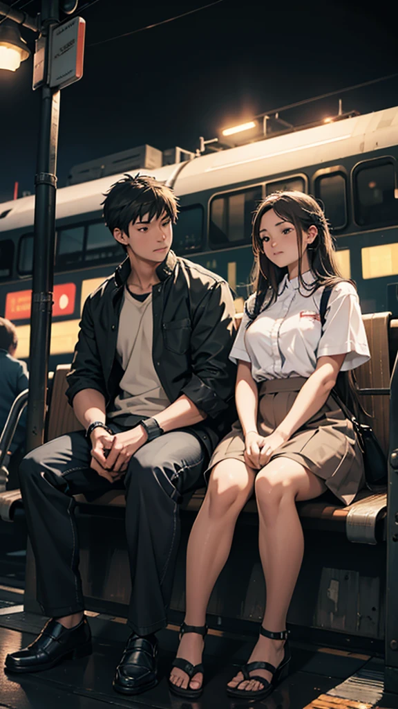 a couple sitting at a railway station, night scene, train approaching, couple wearing short clothes, girl has big hips detailed faces,