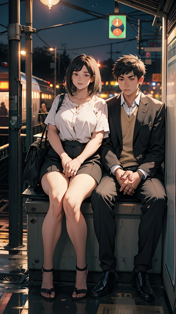a couple sitting at a railway station, night scene, train approaching, couple wearing short clothes, girl has big hips detailed faces,