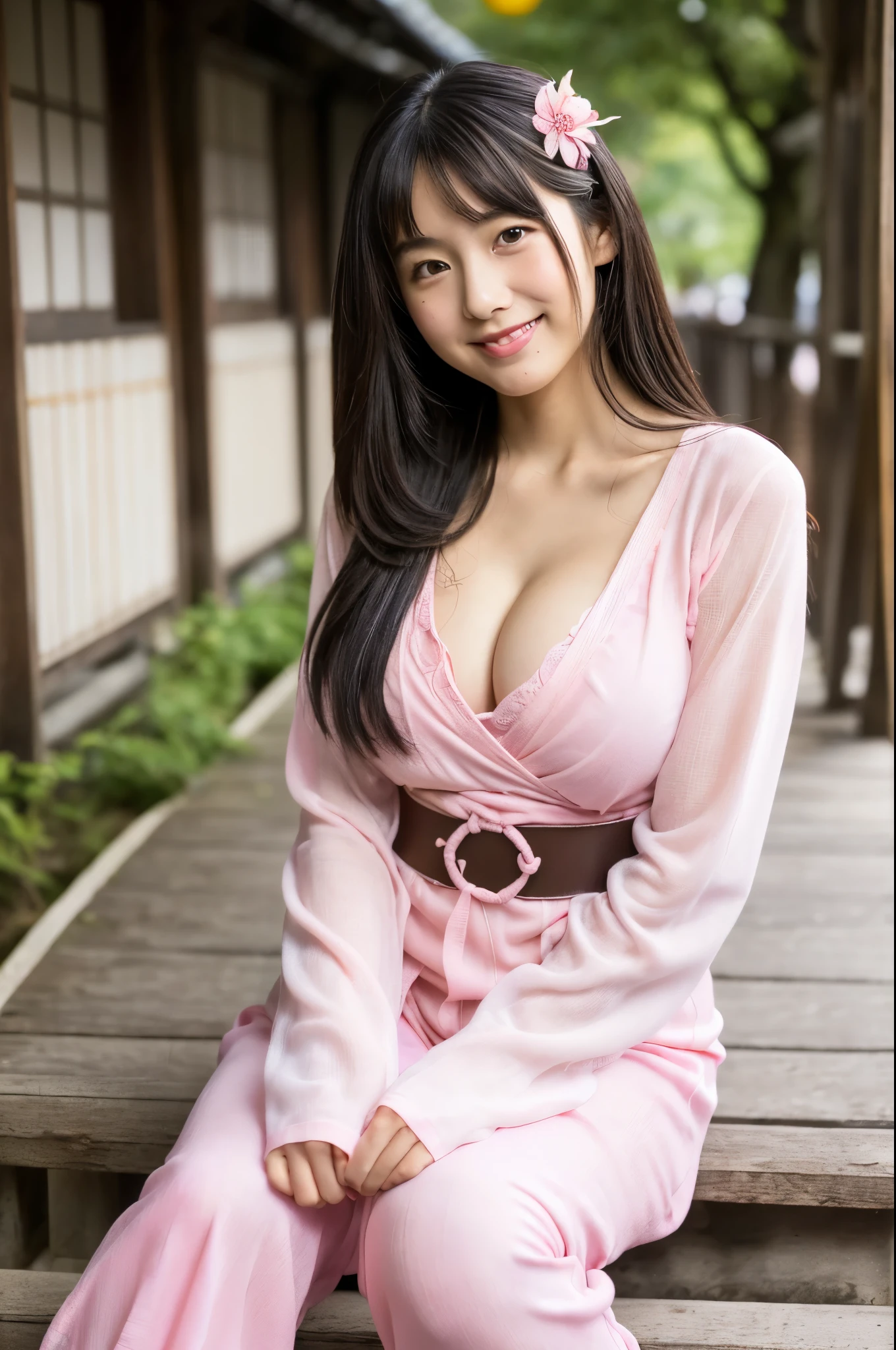 Very cute face like a -yeld idlike々A 20-year-old woman with a cute face、Gentle and cute、A kind smile、(((Cute long-sleeved pink traditional Japanese yukata)))、(Japanese festivals)、(((Full body portrait)))、((You can see the cleavage only at the chest))、((The long hem of her yukata is rolled up to reveal her thighs.))、((Anatomically correct))、(Precise and detailed depiction)、RAW Photos、Genuine、High resolution