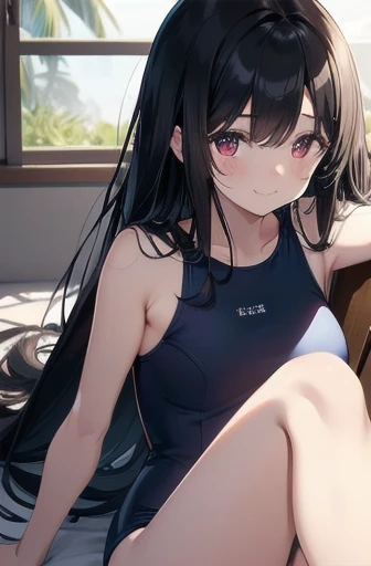 Highest quality, Full resolution image of a 12 year old girl in a swimsuit, Sleeping on your back with your back slightly bent, Stretch your thin legs towards your face. Her swimsuit is vibrant, Knee-length, Stretch your limbs、Showing off a subtle cameltoe effect. With a smile , Features of Babyface, Her Straight, length, Her dark hair cascading around her, Her delicate, Highly detailed anime face and glowing eyes. The background is blurred, The focus is on her graceful figure, Basking in the sunlight shining into the blue sky Large Breasts Long black hair