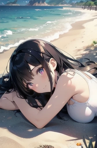 Highest quality, Full resolution image of a 12 year old girl in a swimsuit, Sleeping on your back with your back slightly bent, Stretch your thin legs towards your face. Her swimsuit is vibrant, Knee-length, Stretch your limbs、Showing off a subtle cameltoe effect. With a smile , Features of Babyface, Her Straight, length, Her dark hair cascading around her, Her delicate, Highly detailed anime face and glowing eyes. The background is blurred, The focus is on her graceful figure, Basking in the sunlight shining into the blue sky Large Breasts Long black hair