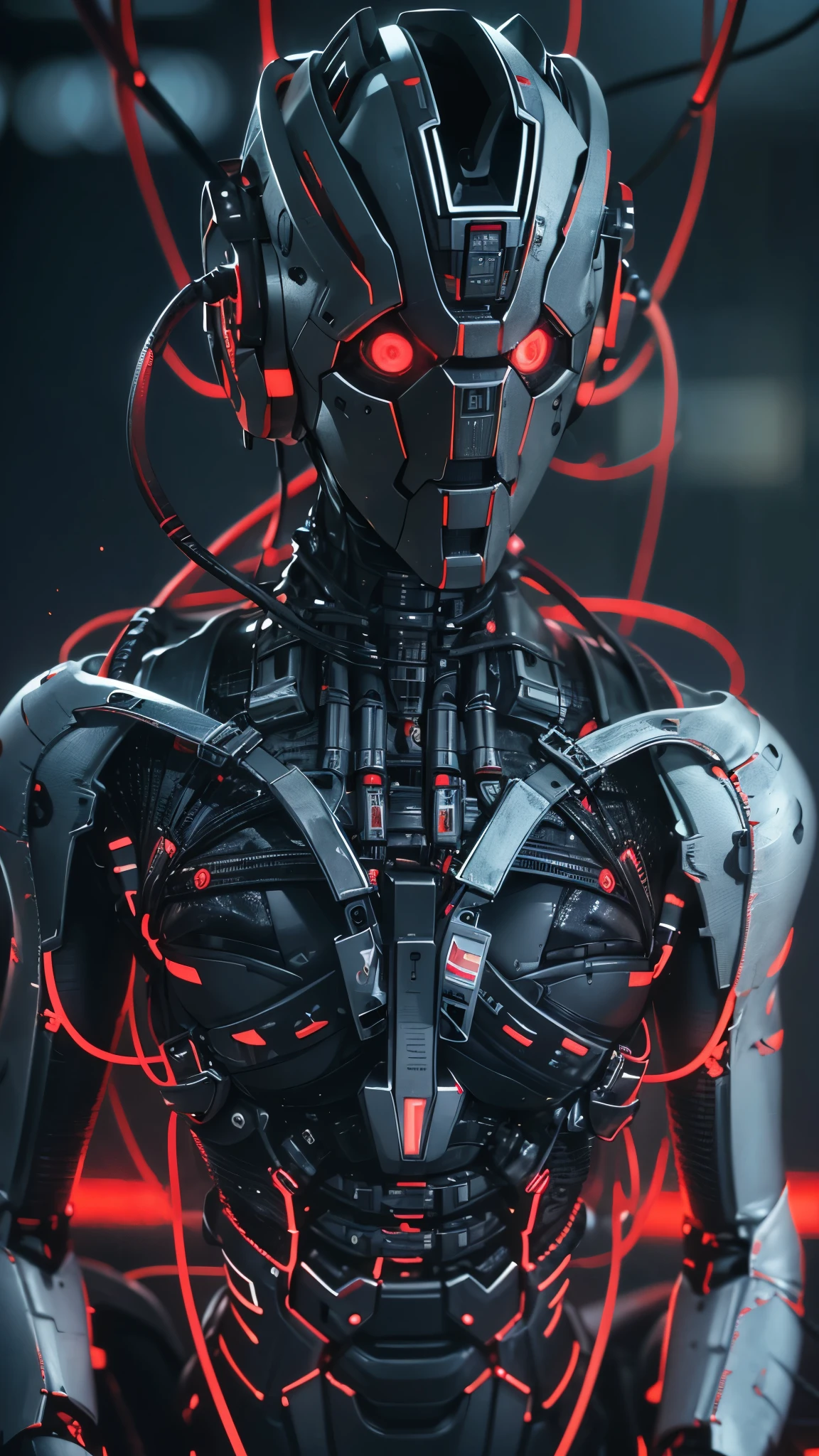 cybernetic creature, futuristic robot, computer screen in place of head, sitting, connected everywhere, cables everywhere, lots of cables, blurred background, screen lit red, calm posture, tired posture, posture of suffering, steps of humans, white robot, gray and black cables, dark and scary atmosphere, (best quality,4k,8k,highres,masterpiece:1.2),ultra-detailed,(realistic,photorealistic,photo-realistic:1.37),dark,moody,dramatic lighting,cinematic,dramatic shadows,dramatic highlights,dramatic colors
