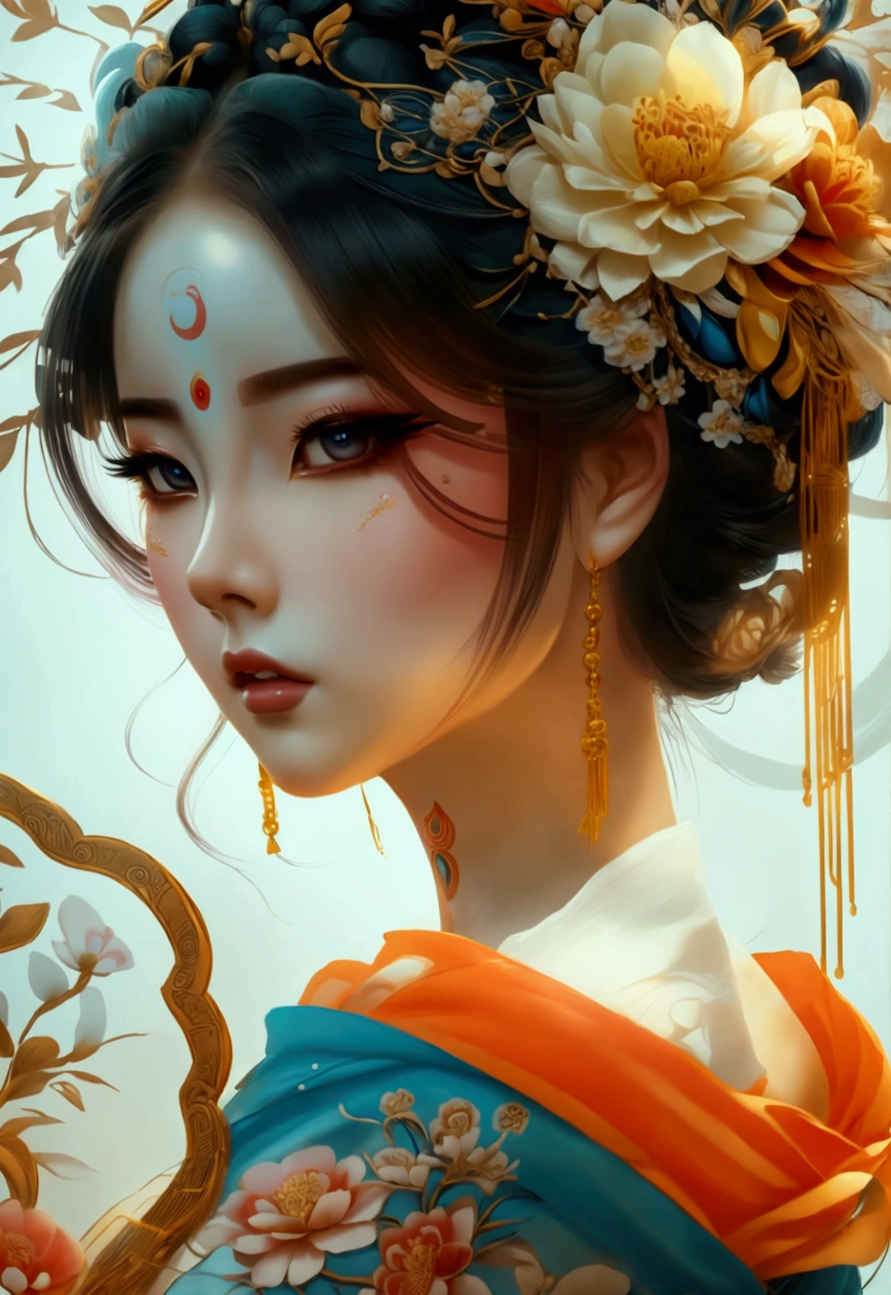 Arafed woman with a fan and a flower in her hair., Exquisite digital illustration, A beautiful artistic illustration., awesome digital illustration, beautiful digital artwork, inspired by Yun Du-seo, in digital illustration style, Chinese empress, Geisha Portrait, a beautiful fantasy empress, beautiful digital illustration, portrait of a beautiful geisha, Portrait of a geisha